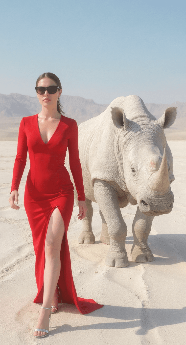 AI generated: {
  "scene": {
    "type": "editorial fashion surrealism",
    "location": "barren white desert w...