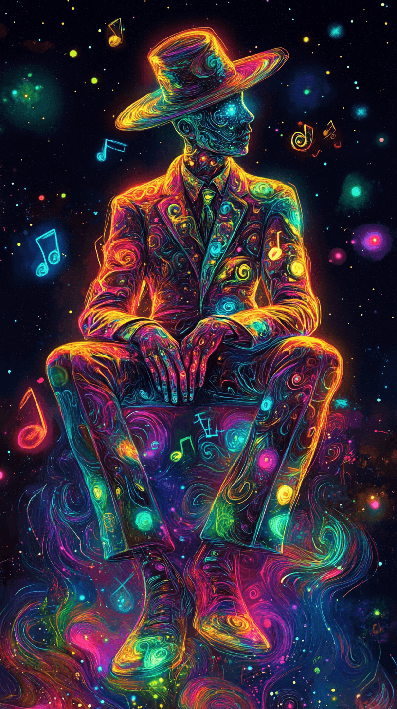 AI generated: A mysterious, psychedelic figure sits atop the universe, enveloped by a mesmerizing array of vibrant...