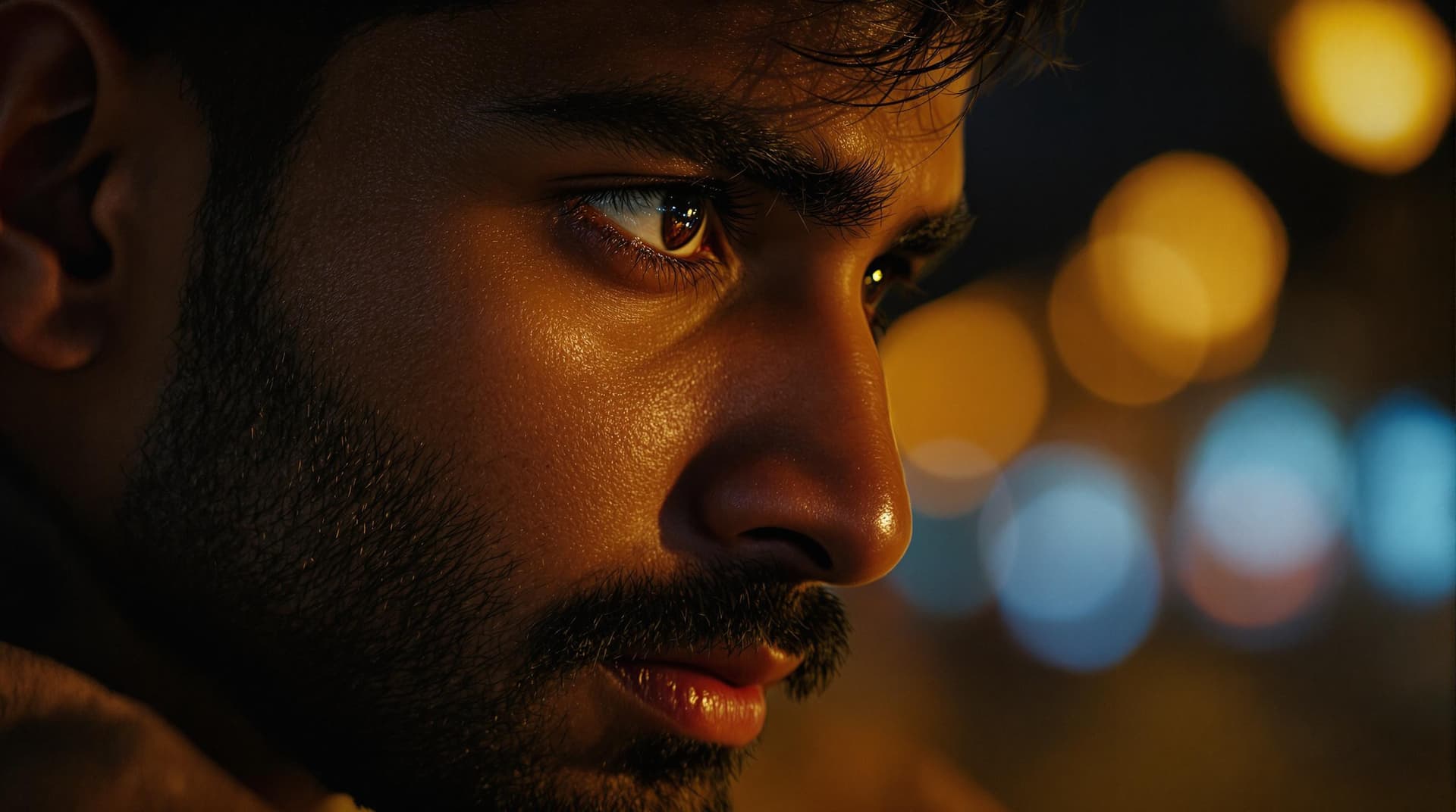 AI generated: (Cinematic UHD, close-up of young Indian man’s face, deep in thought, eyes reflecting city lights, m...