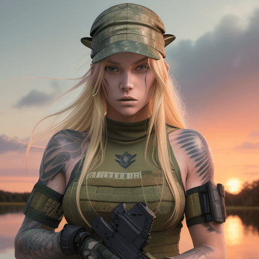 AI generated: Beautiful blonde woman with tattoos wearing tactical gear in the middle of a swamp, with an angry lo...