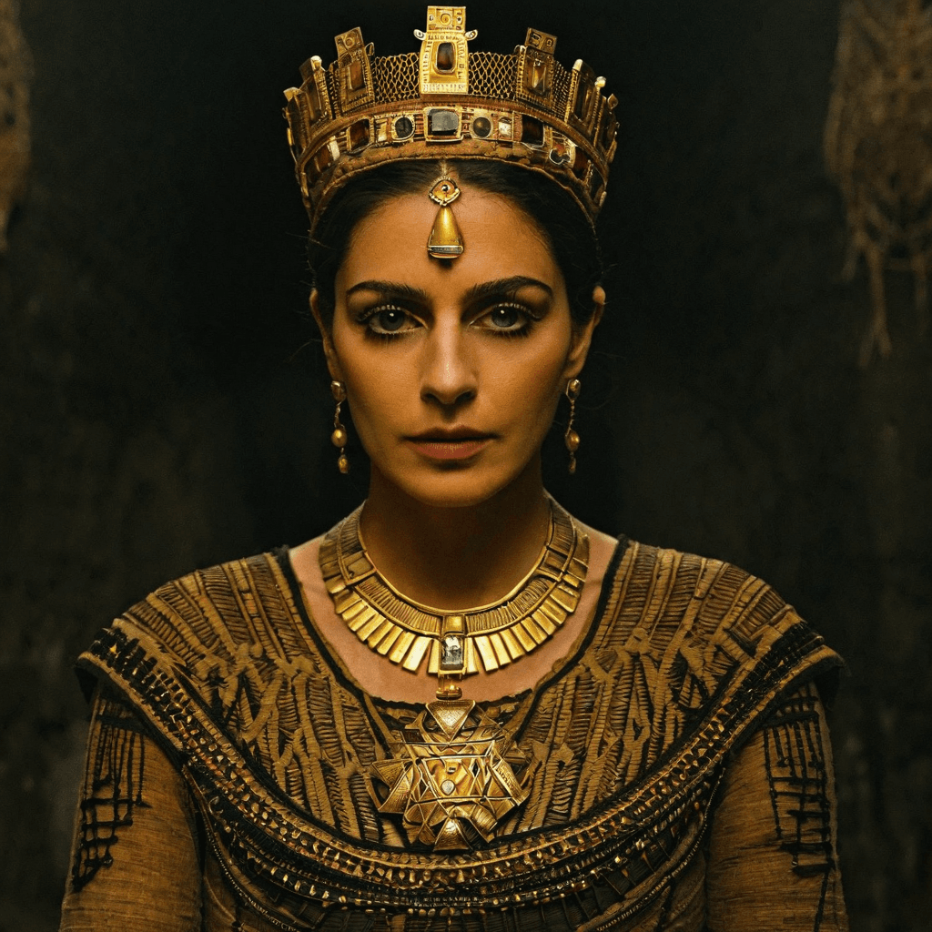 AI generated: The image features a dead old queen in full attributes, depicted as a mummy. She is wearing a crown ...