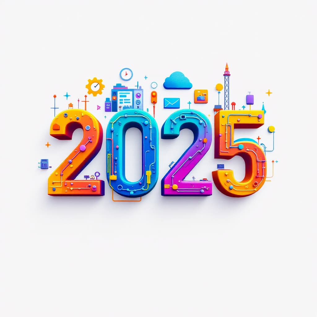 AI generated: Logo for workgroup, Big text '2025' with big production devices icons and big computers icons. very ...