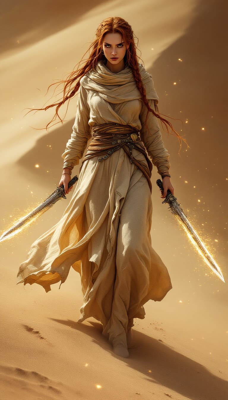 AI generated: Dynamic angle, full body view, realistic, female desert nomad, long, braided auburn hair, flowing sa...