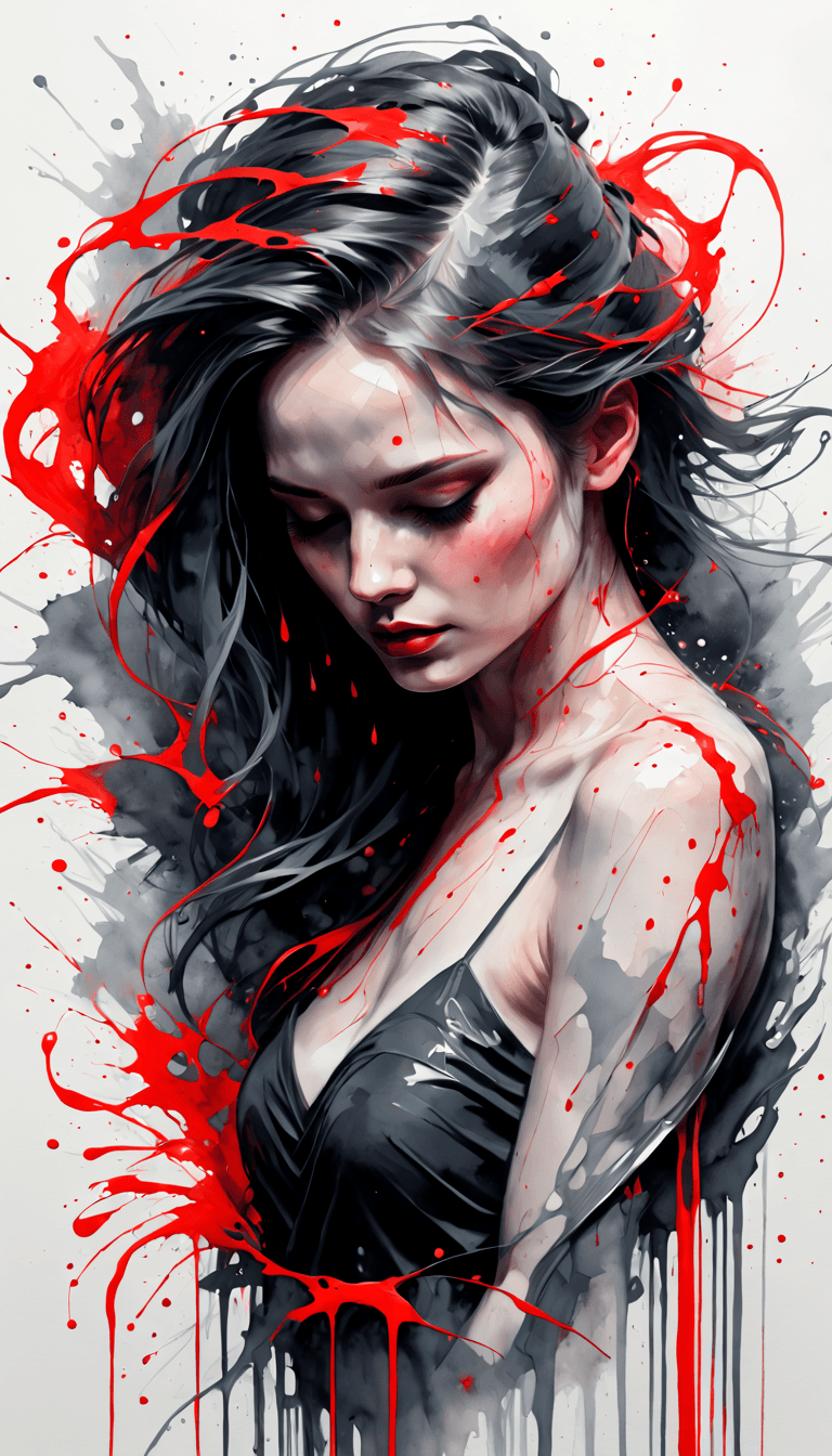 AI generated: An artistic portrait of a woman with a dark grayscale color palette, accented with selective splashe...
