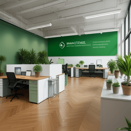 AI generated: An office setting with prominent signage 'Banca Transaccional' on the wall. White walls, light woode...