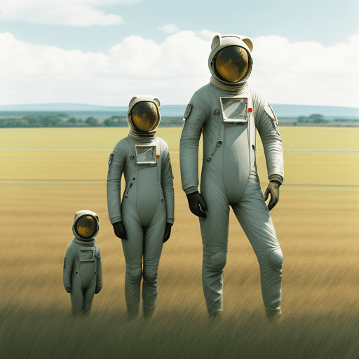 AI generated: Fashion film in the grasslands, a family in an Astronaut bronze suit discover the fields using stunn...