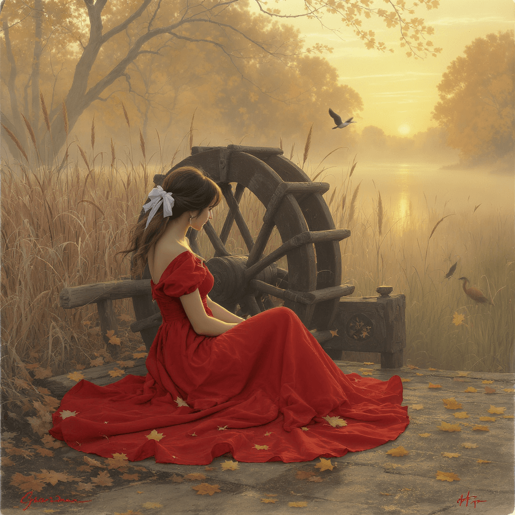 AI generated: A woman in a flowing red dress with a white ribbon tied in her hair rests beside a weathered water w...