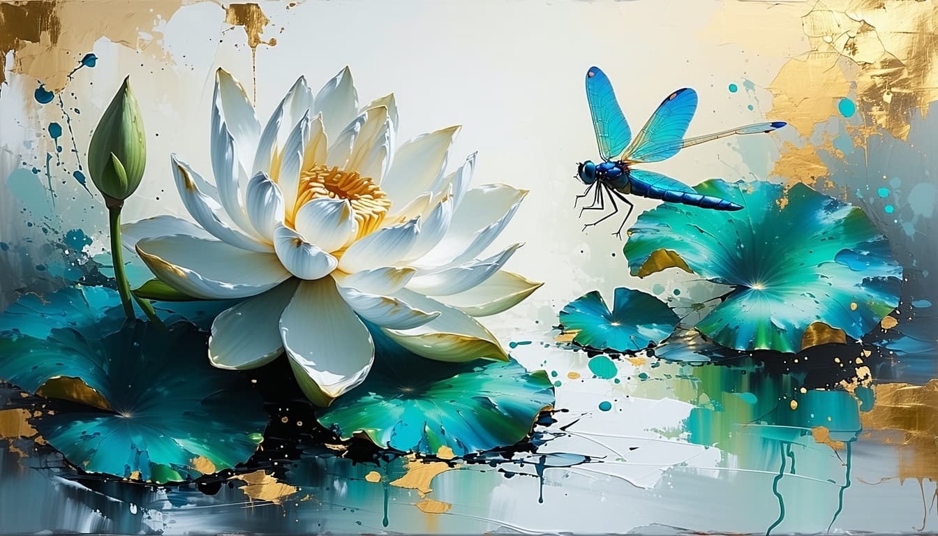AI generated: In wild, spattered, watercolour oil abstract painting style with gold leaf spatters, a white waterli...