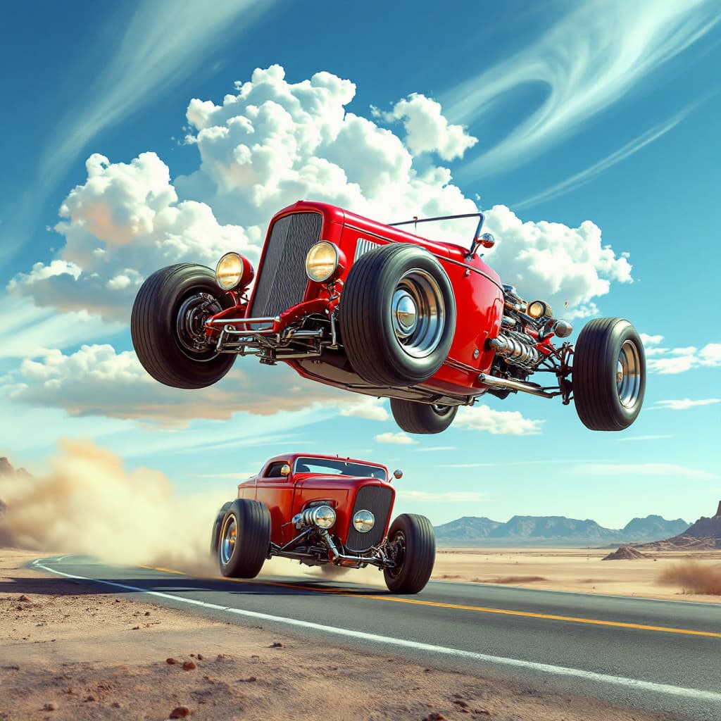 AI generated: a red retro-style car flying mid-air, another similar red car driving on a desert road, both with 19...