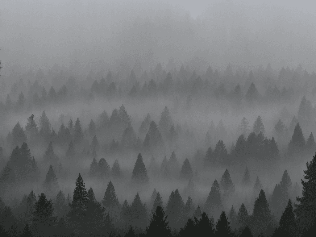 AI generated: The image depicts a dense forest with towering trees, their silhouettes stark against the misty veil...