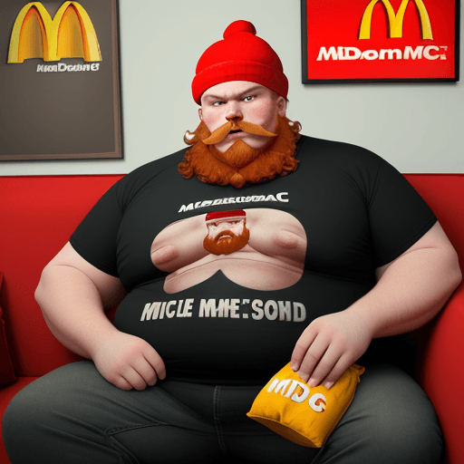 AI generated: a 700 pound man called bigmac with a beanie on and a mcdonalds t shirt he has a ginger beard and mou...