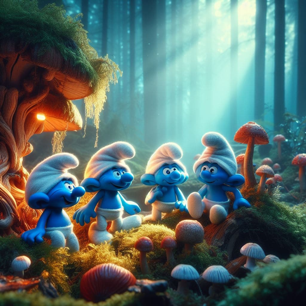 AI generated: blue smurfs with white hats living in the magic forest, in the style of matthias grünewald, organic ...