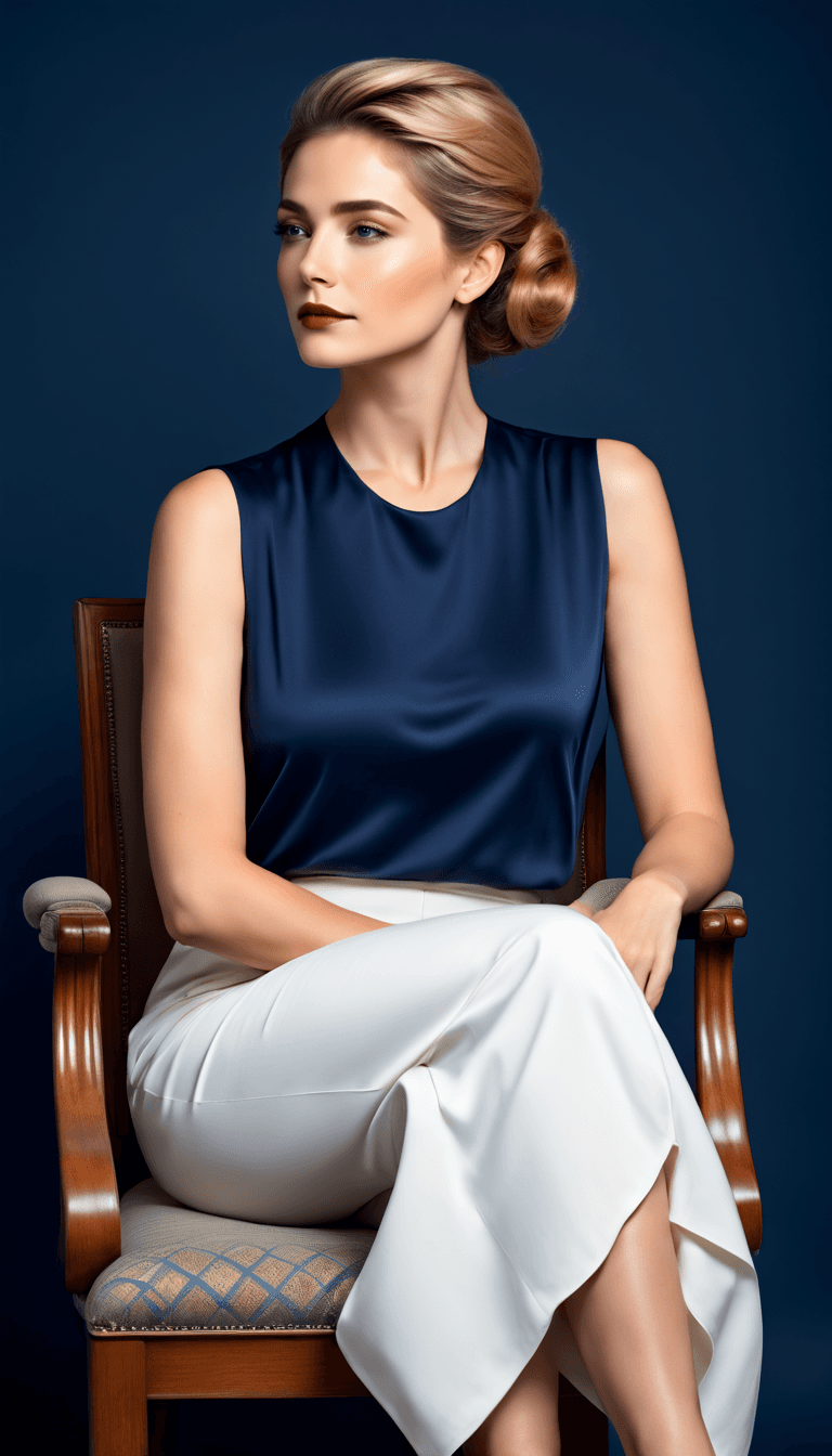 AI generated: The image showcases a woman elegantly posed on a centrally-placed chair, dressed in a sophisticated ...
