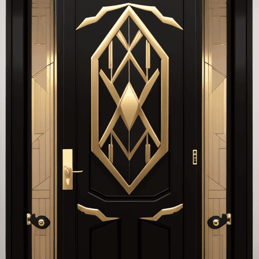 AI generated: a symmetrical partly open double black and golden aesthetic door in full size