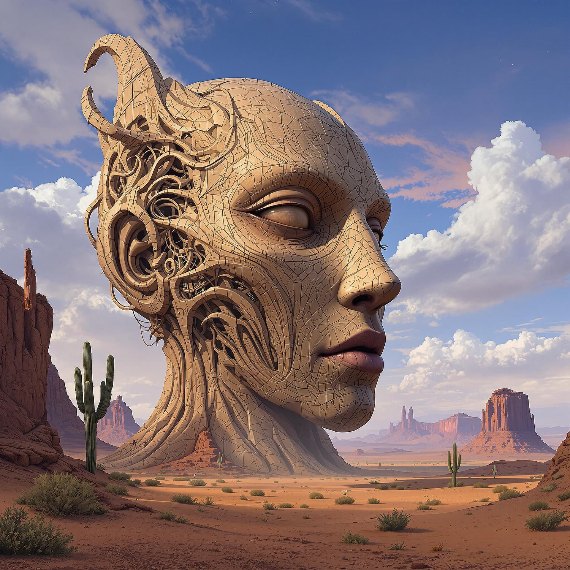 AI generated: large humanoid face with detailed and complex facial in the desert, a fantasy landscape in the style...
