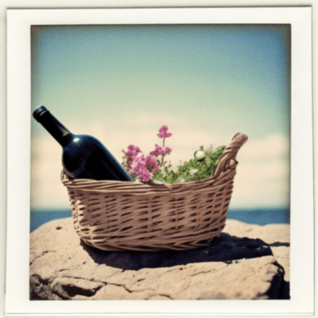 AI generated: a wicker basket against a blue sky, a bottle of wine and flower visible inside the basket, the baske...