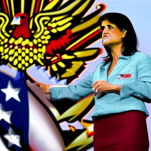 AI generated: nikki haley petting a large eagle. The eagle has a red right wing, a blue left wing, vertical red an...