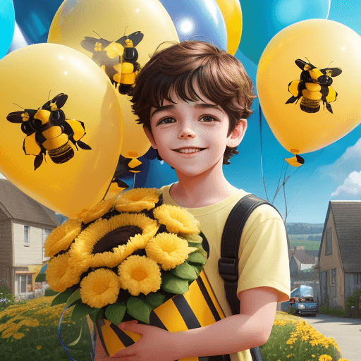 AI generated: cute, adorable, a young boy bumblebee with a huge smile holding a bunch of colorful balloons, iSetti...