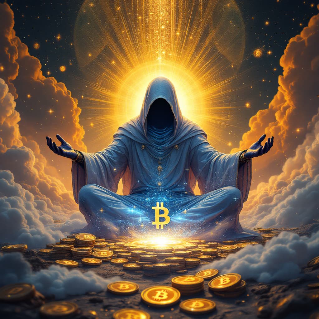 AI generated: a bitcoin prophet worshipping bitcoin, futuristic high-tech spiritualism, photorealism --q 2 --v 5