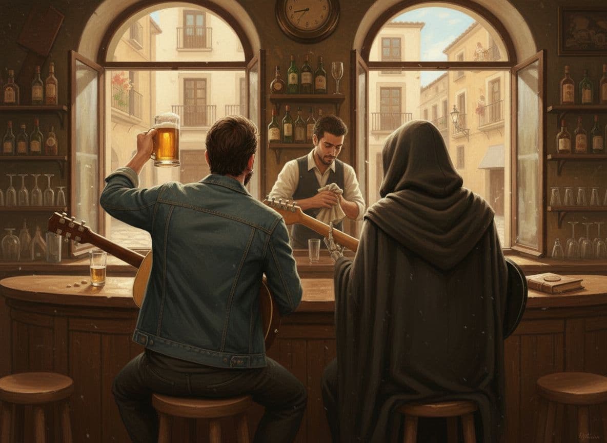 AI generated: "La misma escena de dos personas sentadas en la barra de un bar, pero vista desde el lado opuesto. L...