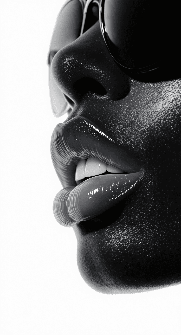 AI generated: A tight close-up, black and white, side view of an African American woman's lower face, emphasizing ...