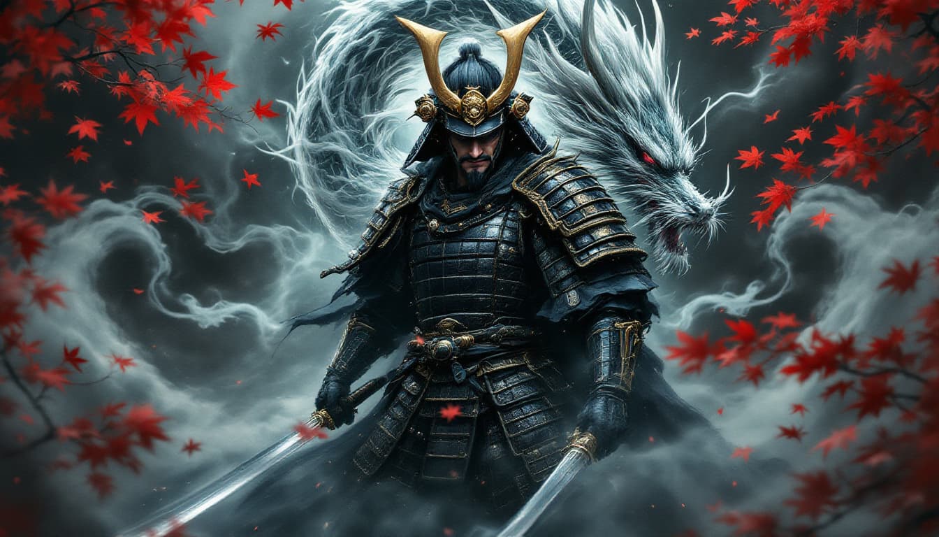 AI generated: A formidable samurai stands at the center of the composition, clad in ornate armor that blends shade...