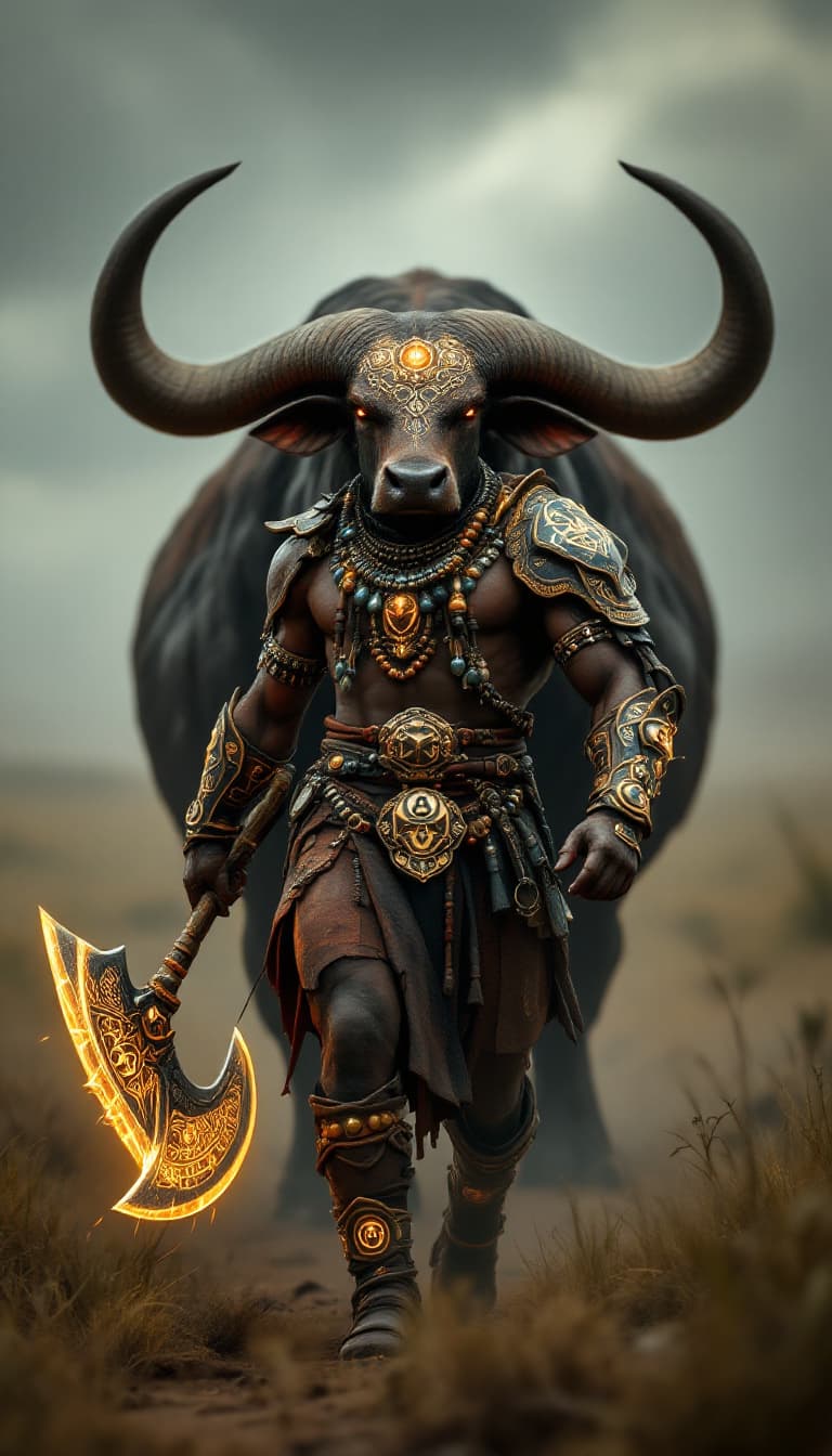 AI generated: An ultra-realistic, wide angle, front facing, full-body portrait of a skilled African Beastmaster, d...
