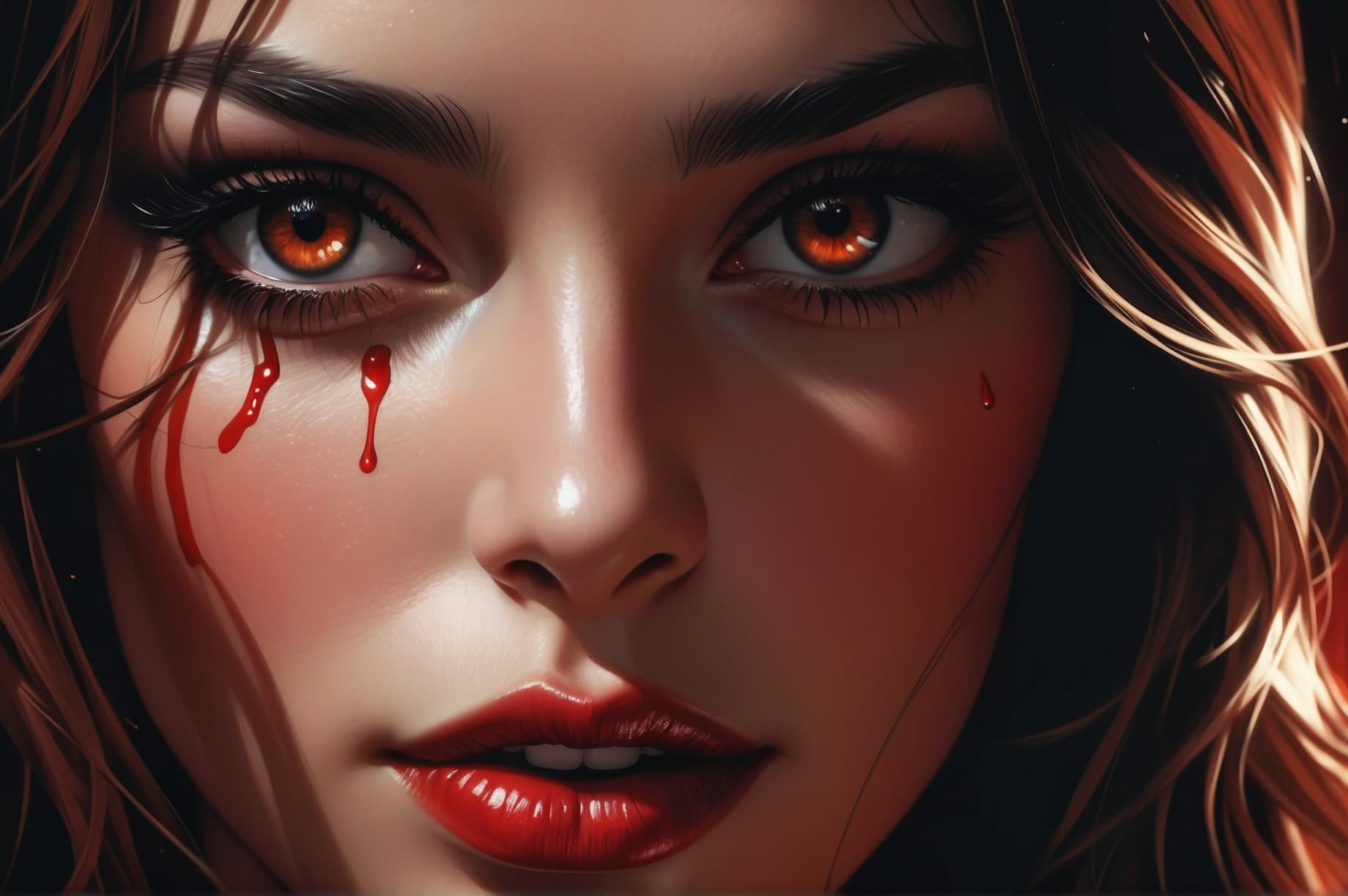 AI generated: blood drops on a woman's face, killer, shiny eyes, elegant, lovely, dark, dramatic light, in the sty...