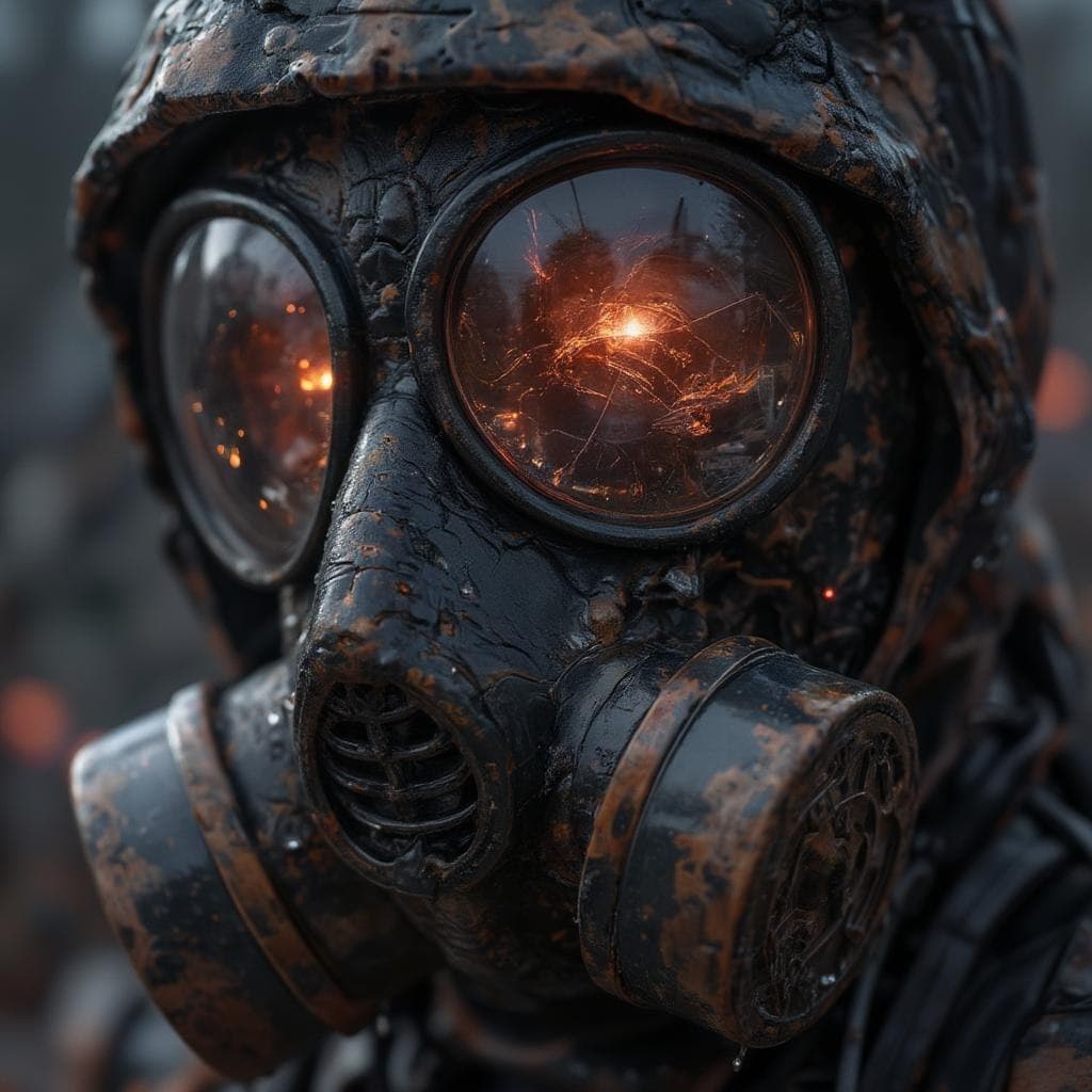 AI generated: A close-up shot of a Chernobyl liquidator's gas mask, filling the frame with gritty, realistic detai...
