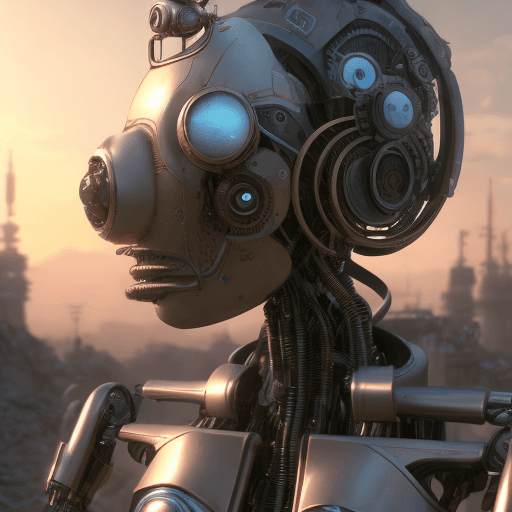 AI generated: Dramatic photo of a steampunk human-like robot, dramatic light, pale sunrise, cinematic lighting, ba...