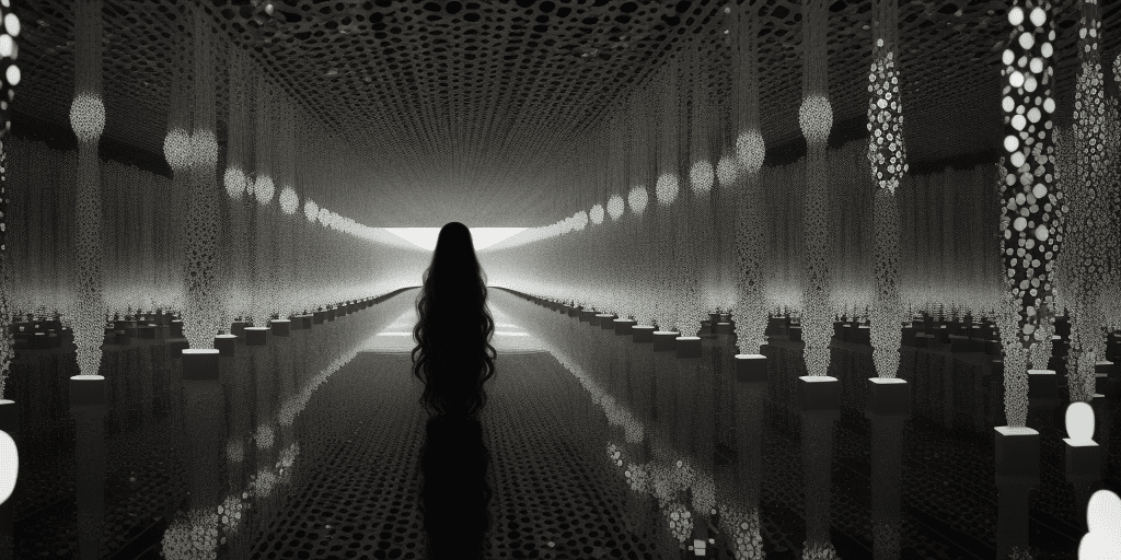 AI generated: beautiful white faceless woman with long black curly hair in an infinity infinity room with infinity...