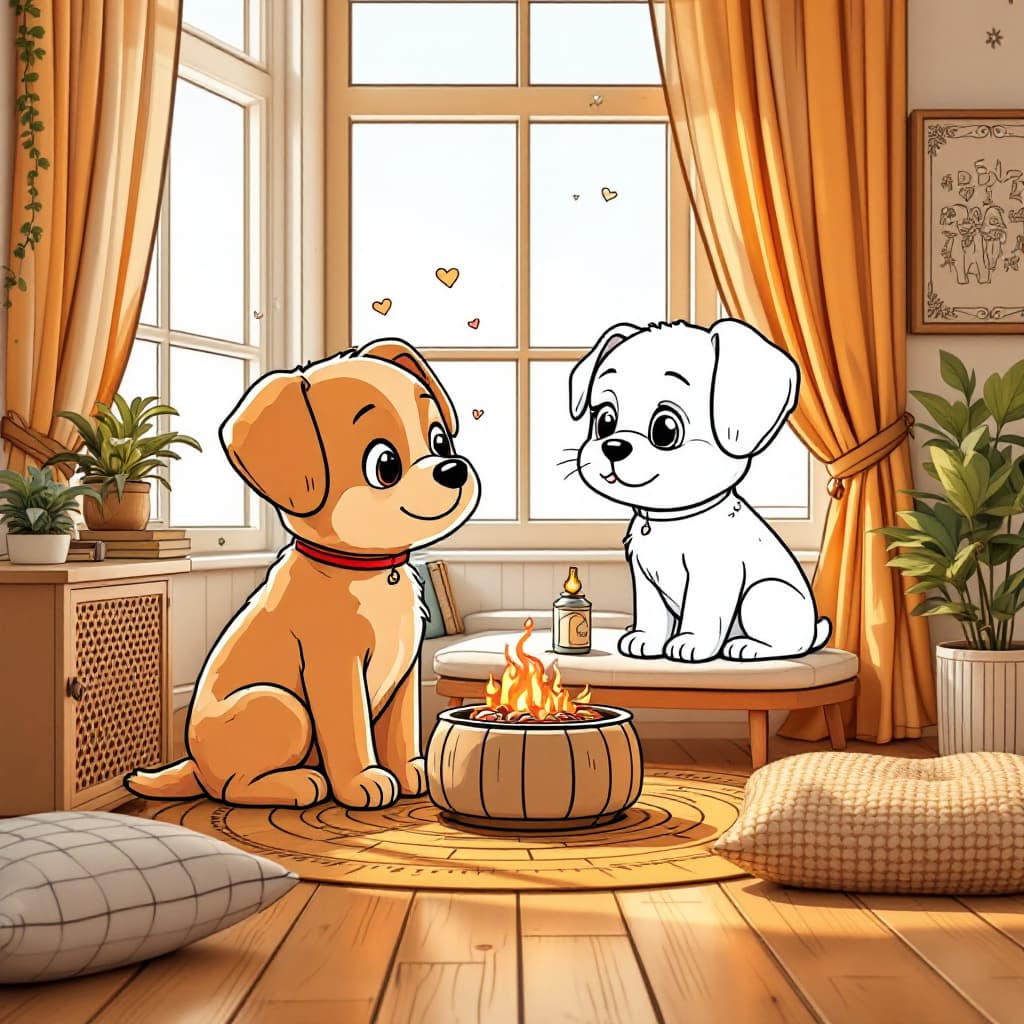 AI generated: coloring page, cute dog kawaii, cartoon style, no background High resolution conversation pit, woode...