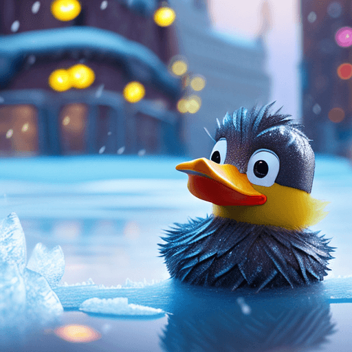 AI generated: Super-HAIRY DUCKIE" masterpiece concept art: A [Super-HAIRY DUCKIE] open poised amidst a frozen city...
