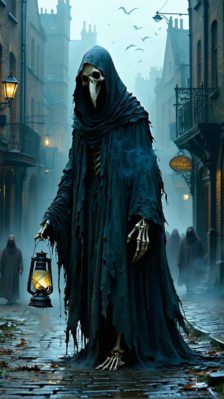 AI generated: "A towering, skeletal wraith wrapped in tattered, rotting plague doctor robes looms over the abandon...