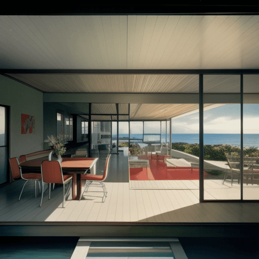 AI generated: Hyper realistic eye level exterior photo of a mid century modern style house overlooking the ocean, ...