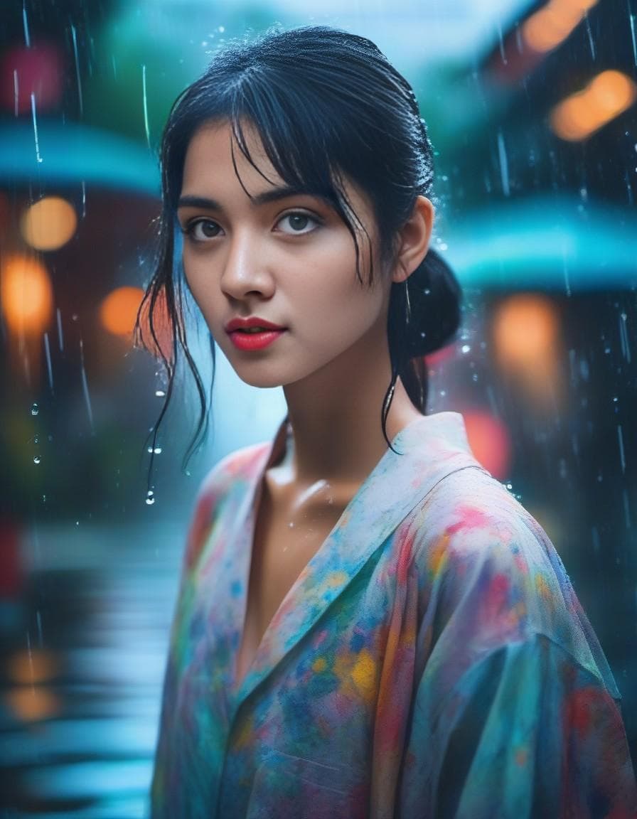 AI generated: Gorgeous girl of summer, walks in rain, detailed, cinematic, scenic, beautiful, vibrant colors, enha...
