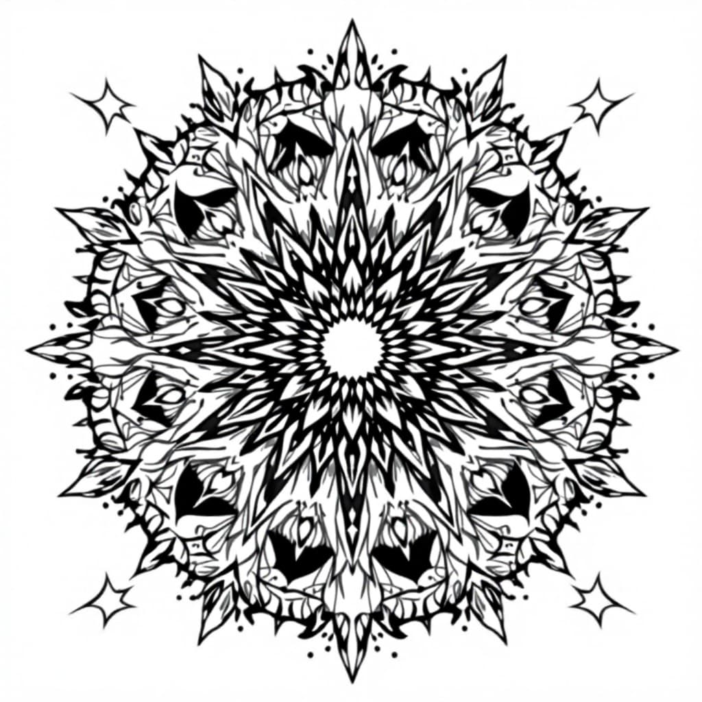 AI generated: A themed black-and-white mandala coloring page inspired by the sun and moon. The pattern should inco...