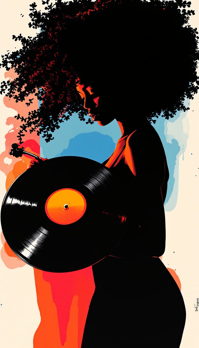 AI generated: Screenprinting, Bold Silhouettes, Layered Colors, Retro, Woman Holding a Record Spinning, Grooving P...