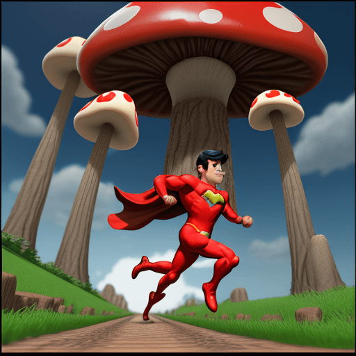 AI generated: Super-Man running, Mushroom Kingdom background, 32k, closeup, trending on poltcount 3D, game --v 5.2...