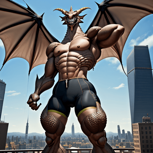 AI generated: anthro dragon wearing cycling shorts, smiling, skinny, athletic, gargantuan, towering over city, han...