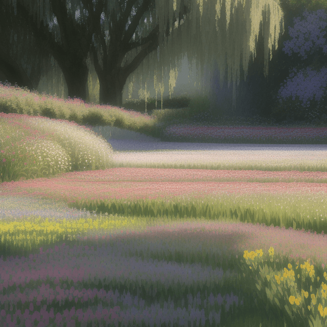 AI generated: Spring morning, real shot 1000 translucent wildflowers planted in the romantic Monet garden, petals ...