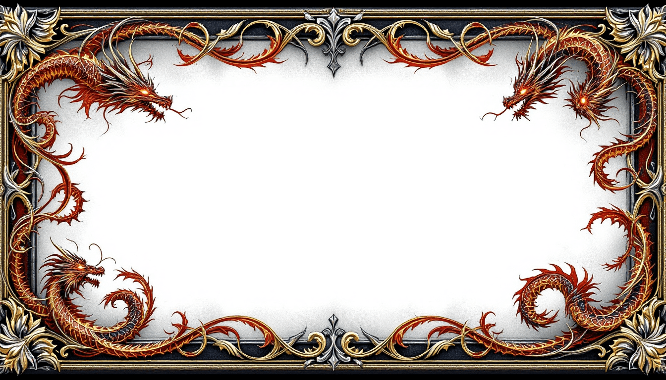 AI generated: A decorative border design featuring intricate, stylized dragons in an epic fantasy style, with no b...