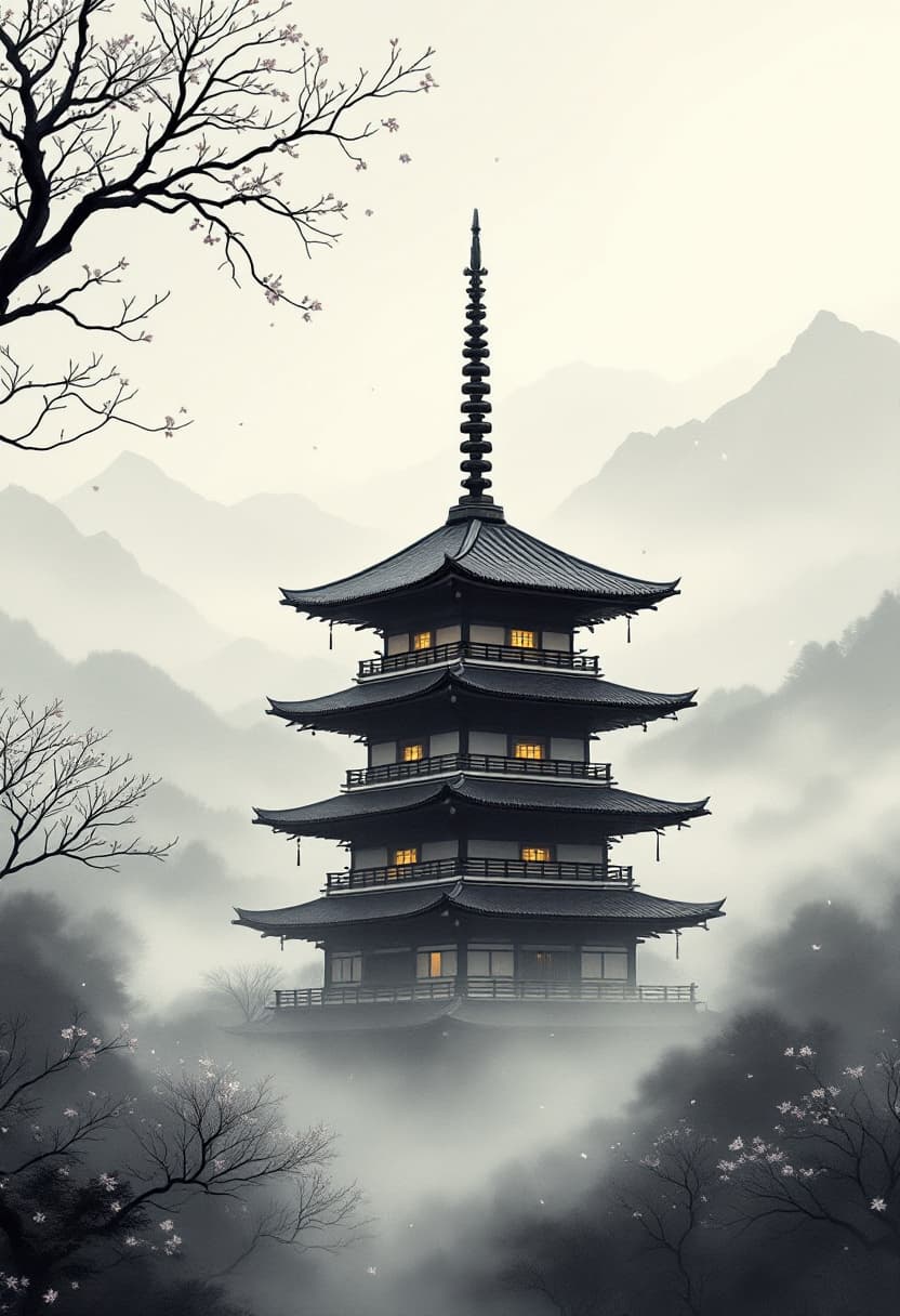 AI generated: Traditional Japanese pagoda in a foggy, ink wash-inspired landscape. Use a muted monochrome palette ...