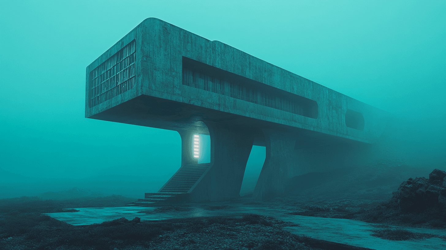 AI generated: brutalism future sci-fi desert cyan lights concrete dusk fog --ar 16:9 --v 6.1