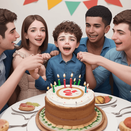 AI generated: a boy celebrating his birthday in the presence of his friends and family members with good attaires
