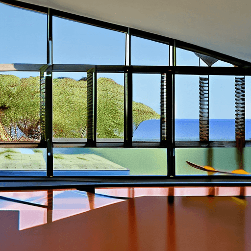 AI generated: Hyper realistic eye level exterior photo of a mid century modern style house overlooking the ocean, ...