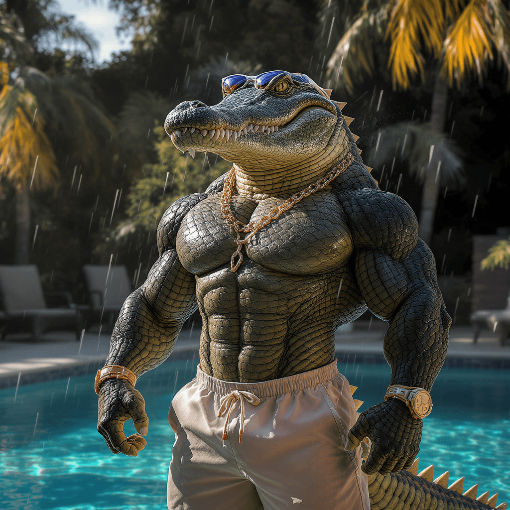AI generated: ultra detailed photograph of a stunning anthropomorphic croc athletic modern machoman in swimming at...