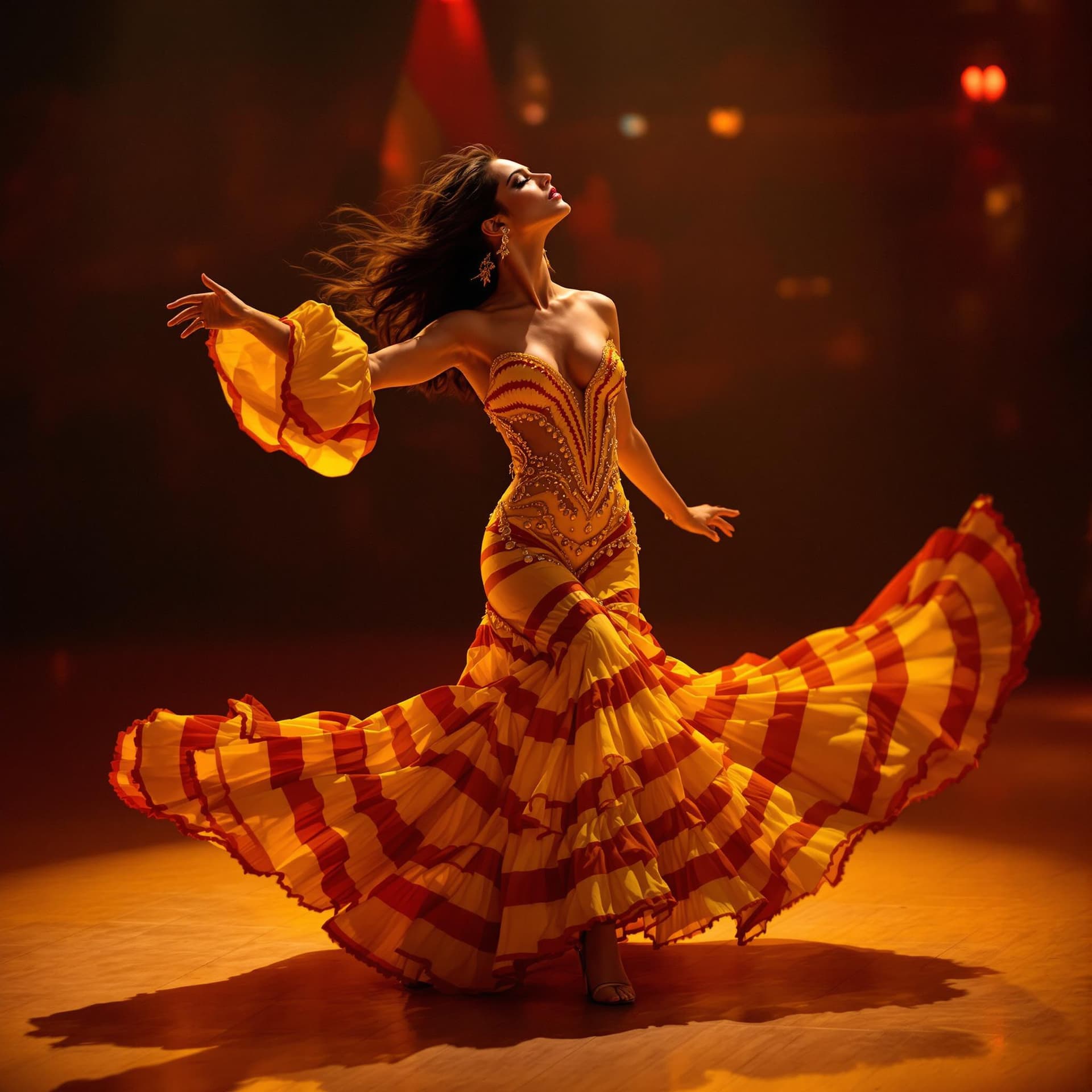 AI generated: photo of Penélope Cruz, in a Spanish flamenco dance floor, passionate Indian beauty, flamenco dancer...