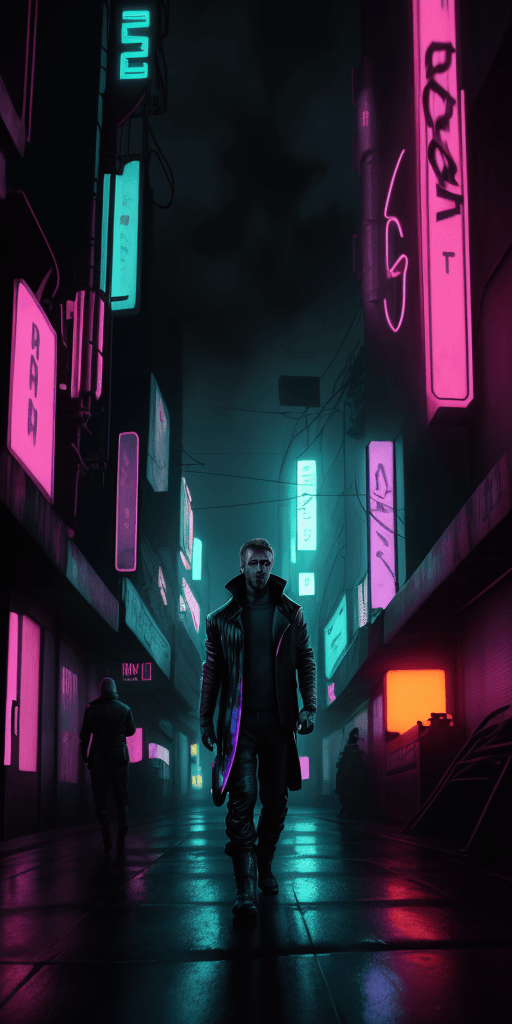 AI generated: blade runner 2049, cyberpunk, ryan gosling, street, neon
