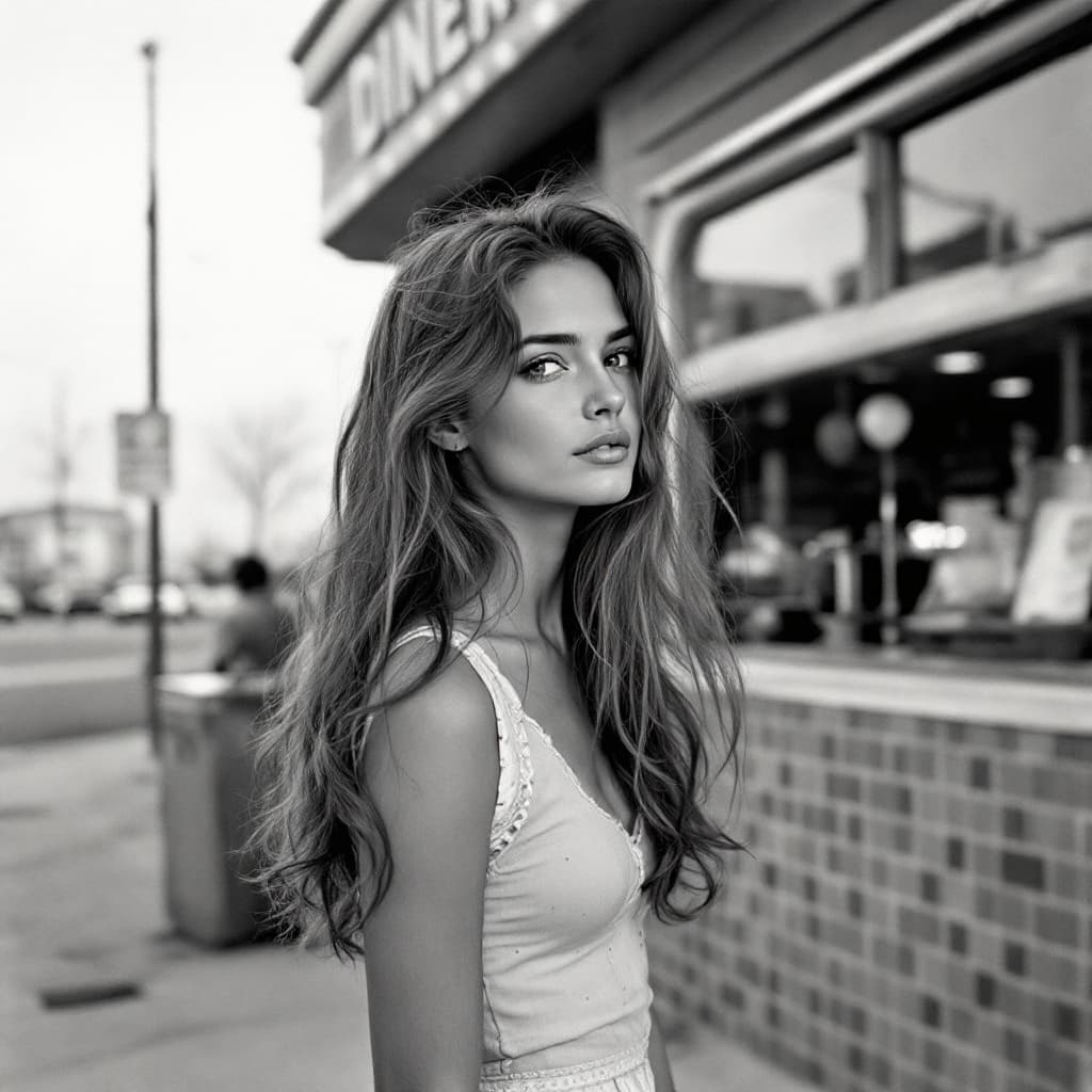 AI generated: Outside of a 1960s diner in monochromatic colors and vintage feel. a young Lady, long hair, look for...